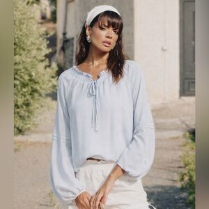 Social Standard Light Blue Peasant Tie-Neck Blouse